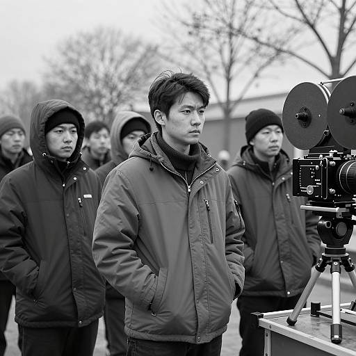 Asian Men Filming Outdoors in Winter