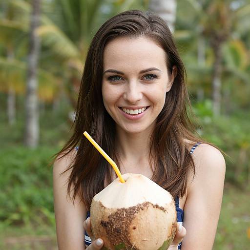 Photograph of a smiling young woman with fair skin and brown hair, holding a coconut with a straw, in a tropical forest.