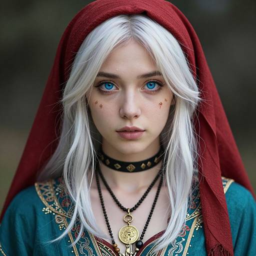 Digital portrait of a pale-skinned young woman with white hair, blue eyes, red headscarf, blue medieval-style dress, black choker,