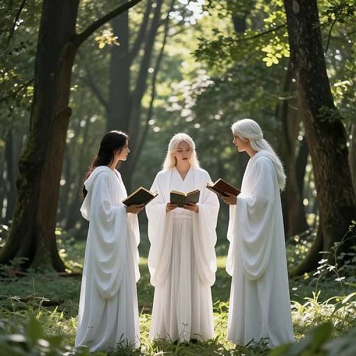 Photograph of three women in white robes, standing in a sunlit forest, reading books, with dappled light filtering through trees.