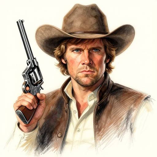 Digital illustration of a rugged, bearded man in a brown cowboy hat, holding a silver revolver, wearing a brown leather jacket over a white shirt,