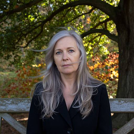 Photograph of a middle-aged woman with long, silver-gray hair, wearing a black coat, sitting on a wooden bench in a sunlit, autumn