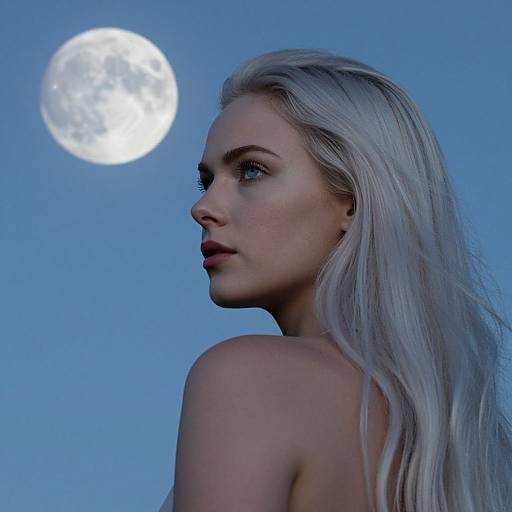 Photograph of a fair-skinned, blonde woman with long hair, bare shoulders, gazing at a full moon in a clear blue sky.
