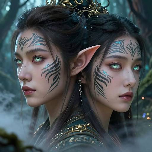 Digital art of a twin-headed elven woman with glowing green eyes, black tribal face markings, long dark hair, and pointed ears, set in a