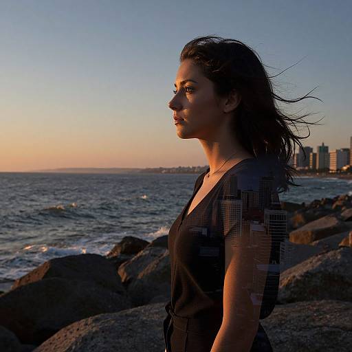 Photograph of a woman with long dark hair standing on rocky shore at sunset, wearing a black top, looking out at the ocean with city skyline in