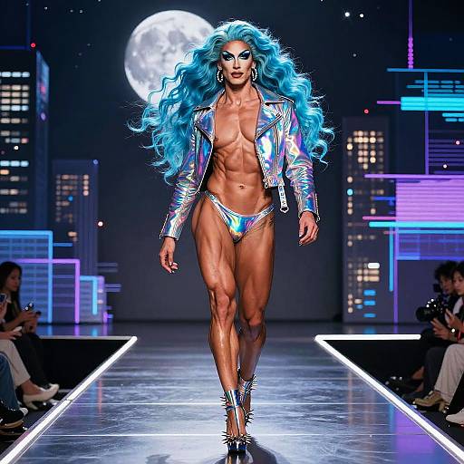 Photograph of a muscular woman with vibrant blue hair, wearing a metallic bikini and jacket, strutting a neon-lit runway under a full moon.