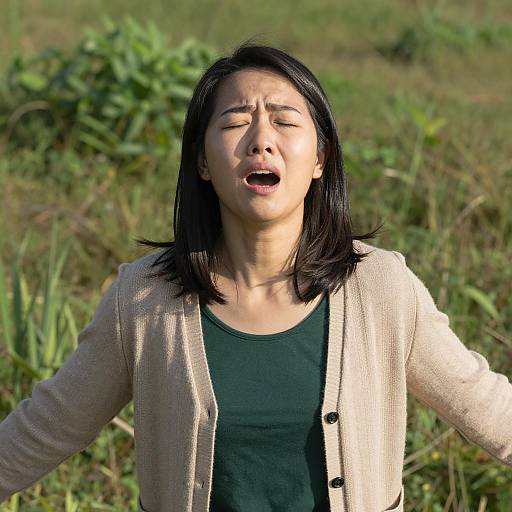 Surprised Asian Woman in Grassy Field