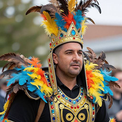 Man in Vibrant Feathered Costume