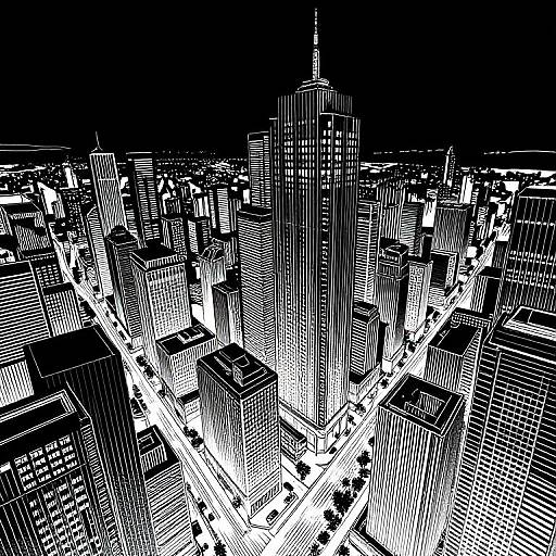 Black-and-white digital drawing of a dense, high-rise cityscape with intricate building lines, featuring a prominent skyscraper with a spire at the center