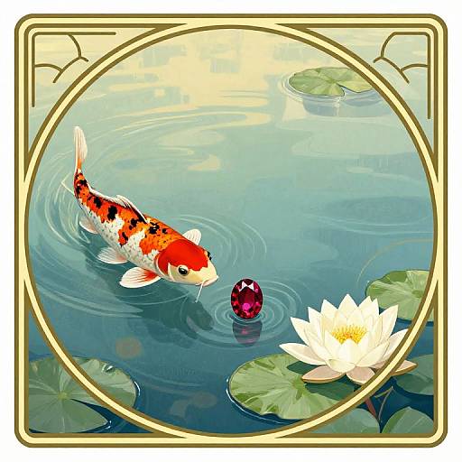 Digital illustration of a vibrant red and white koi fish with black spots, swimming near a red gem, white lotus flower, and lily pads