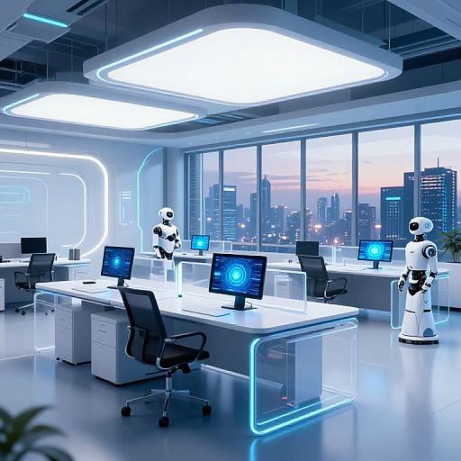 Modern futuristic office with neon blue lighting, three humanoid robots working at white desks, city skyline visible through large windows.