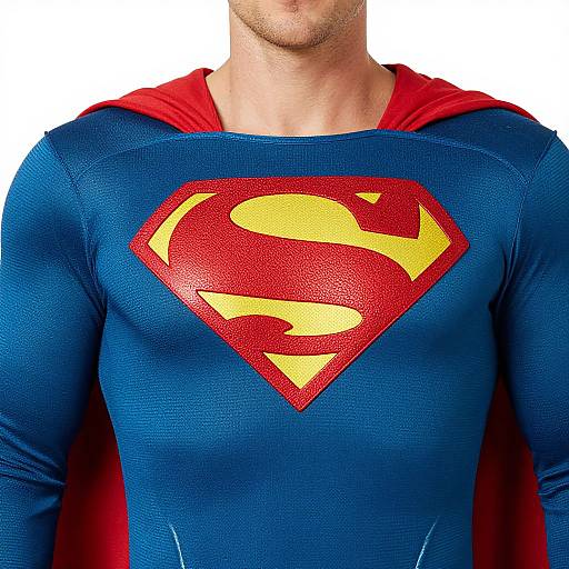 Photograph of a man's chest and neck, wearing a tight, blue Superman costume with a red cape and large yellow-red 