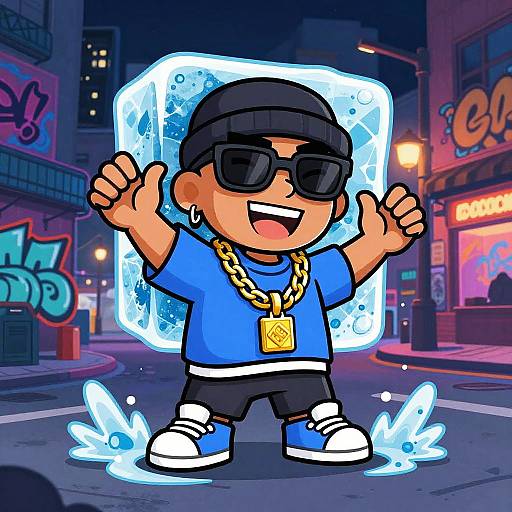 Cartoon street kid in blue outfit, black beanie, sunglasses, gold chain, and white sneakers, surrounded by glowing blue ice cubes, standing confidently