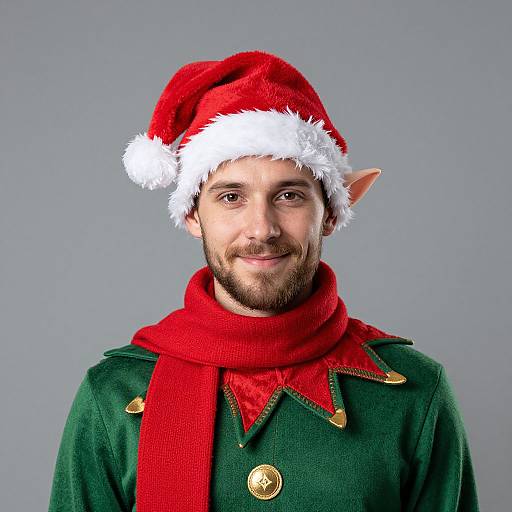 Photograph of a bearded man with elf ears wearing a red Santa hat, green velvet coat, red scarf, smiling against a gray background.