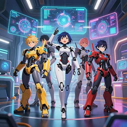 Digital anime-style illustration of four futuristic, armored mecha pilots with glowing neon interfaces in a high-tech spaceship interior.