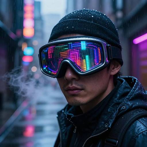Photograph of a man in a black beanie and VR goggles with neon lights, smoking in a rainy urban alley.