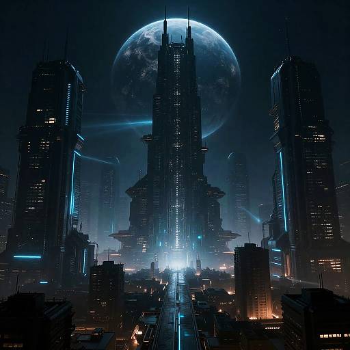 Teal Neon Cyberpunk City Under Planet