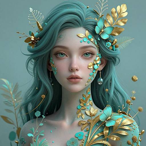Digital art of a fair-skinned, blue-haired woman with large eyes, adorned with gold and turquoise floral elements, set against a soft blue background.