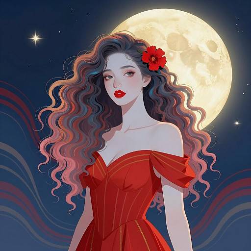 Enchanting Woman in Colorful Moonlit Dream