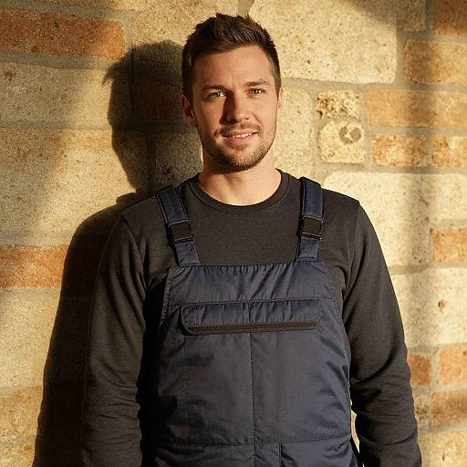 Photograph of a smiling man with short dark hair, light beard, wearing a black long-sleeve shirt and dark blue overalls, standing against