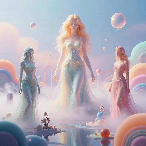 Digital art: Three ethereal women in glowing, colorful gowns stand amidst a surreal, bubble-filled sky with floating orbs and pastel rainbows.