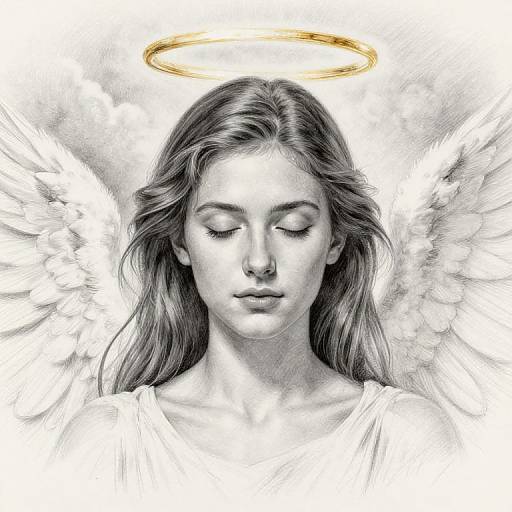 Digital grayscale drawing of a serene angelic woman with closed eyes, long wavy hair, golden halo, and white wings, wearing a simple top.