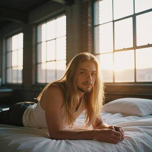 Photograph of a long-haired, blonde, muscular man with a beard, wearing a white tank top, lying on a bed in a sunlit,