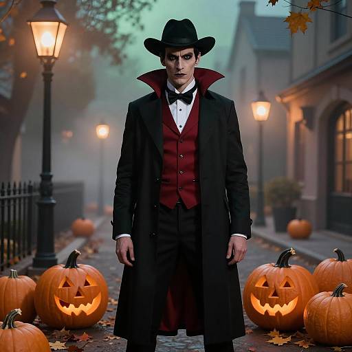 Man in Vampire Costume with Jack-o'-Lanterns on Halloween Street