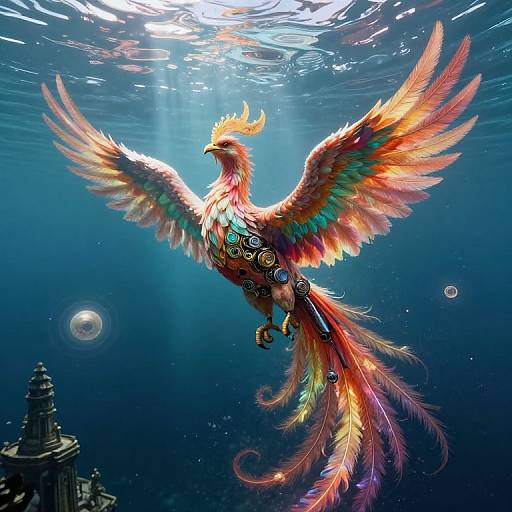 Digital art of a vibrant, rainbow-feathered phoenix with intricate, metallic patterns, soaring underwater with sunlight filtering from above, near a sun and a