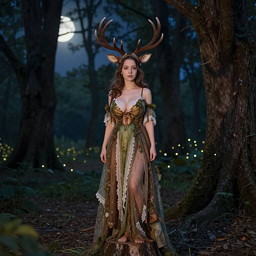 Photograph of a woman with deer antlers, wearing a sheer, green, lace-trimmed dress, standing in a moonlit forest with glowing
