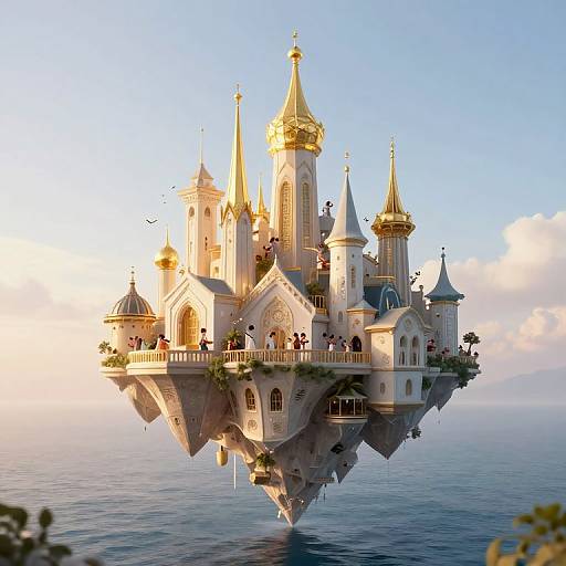 Fantastical floating castle with golden spires and intricate architecture, surrounded by calm ocean, illuminated by sunset light. CGI artwork.