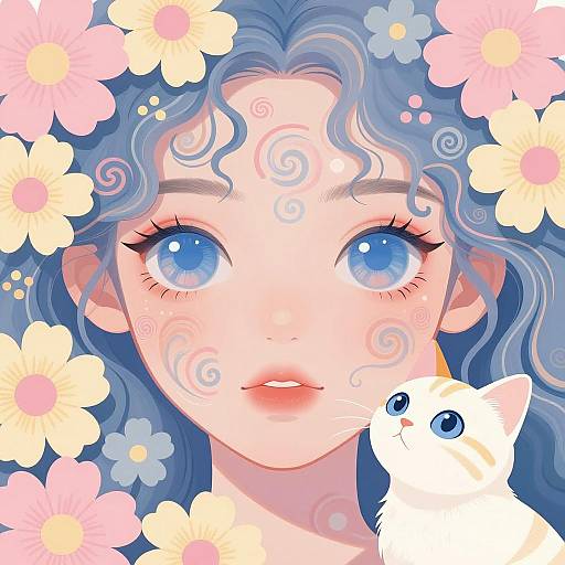 Digital Portrait of Woman with Cat and Flowers