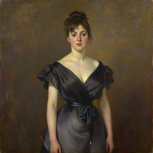 Photograph-like oil painting of a fair-skinned woman with dark hair in an updo, wearing a black, off-shoulder dress, standing
