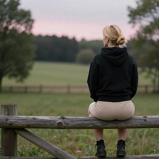 Woman in Black Hoodie Sitting on Rustic Fence at Sunset