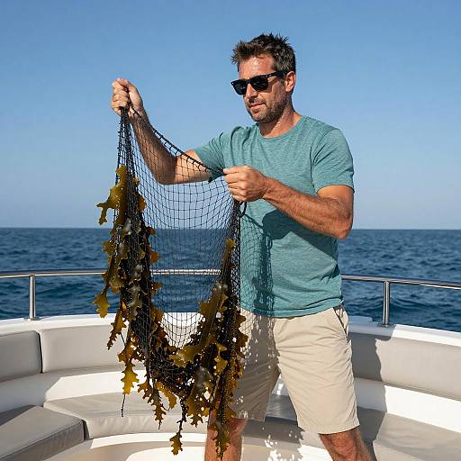Man with Net on a Sunny Boat