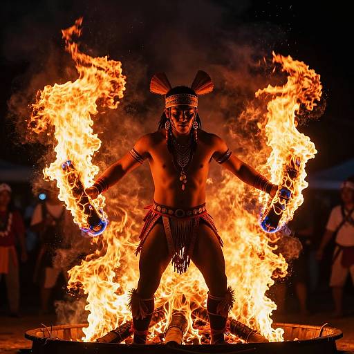 Photograph of a shirtless dancer with tribal headgear, adorned in beads and fringe, standing in a fiery ring at night.