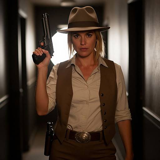 Photograph of a serious blonde woman in a brown fedora, beige shirt, and brown vest, holding a gun in a dimly lit hallway with