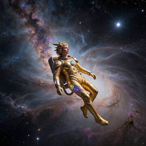 Digital artwork of a golden astronaut with a crown, floating in a cosmic nebula, surrounded by stars and colorful clouds.