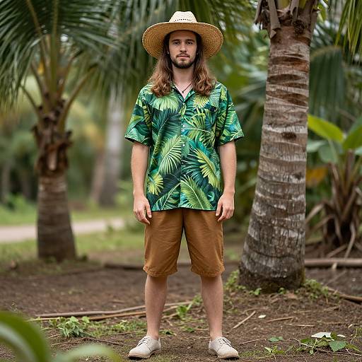 Photograph of a young man with long brown hair, beard, wearing a straw hat, green tropical shirt, brown shorts, and white sneakers, standing