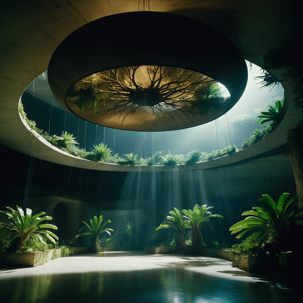 Underground Brutalist Dome with Jungle Overgrowth