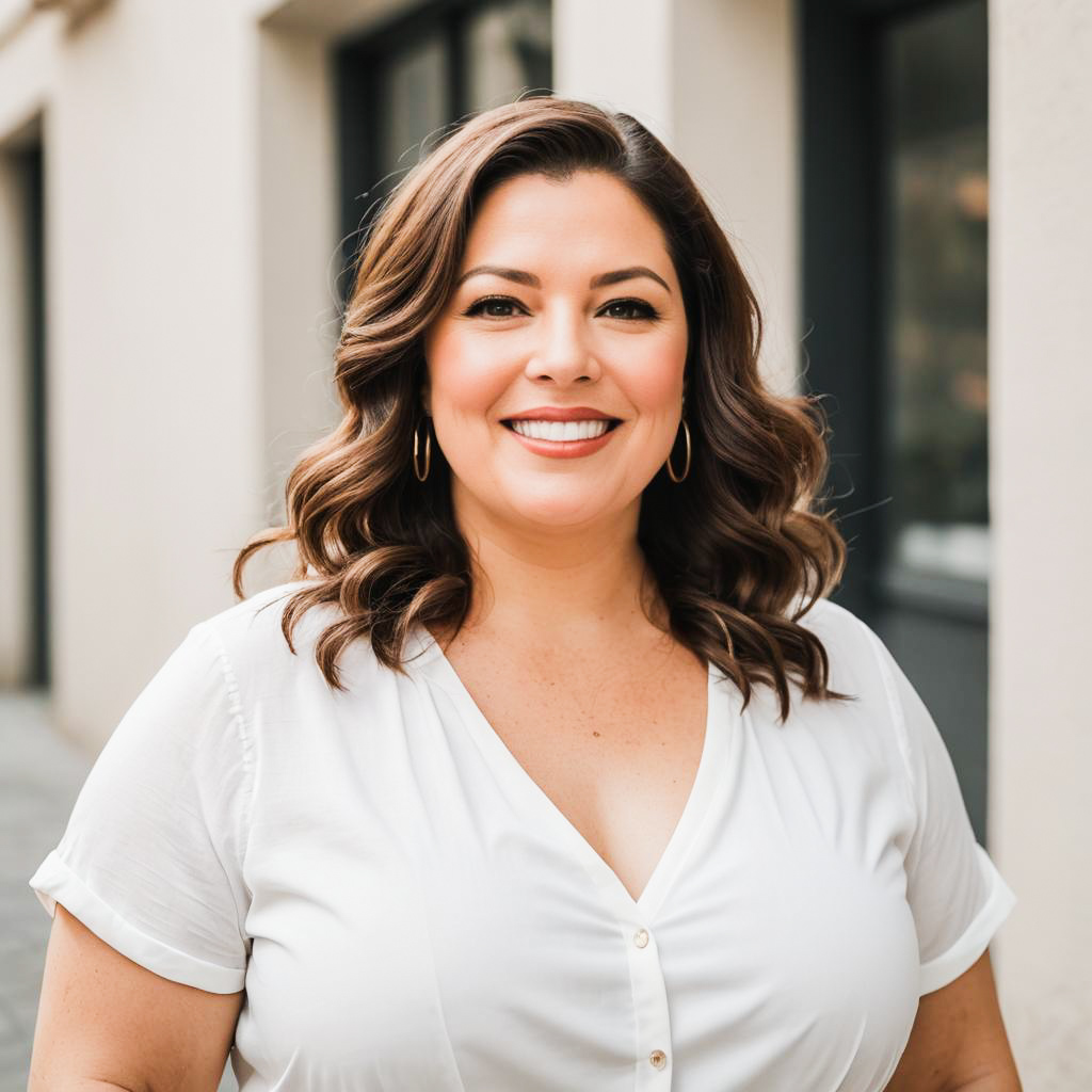 Cheerful Plus-Size Woman Street Photo Shoot