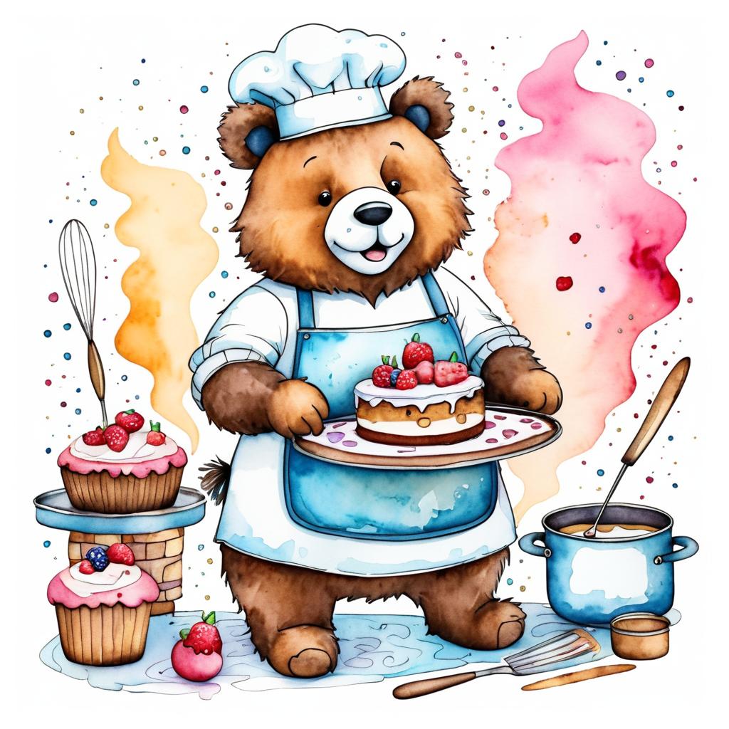 Whimsical Bear Baking a Cake Illustration