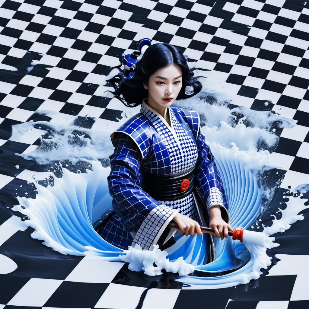 Surreal Samurai Lady in Checkerboard Liquid