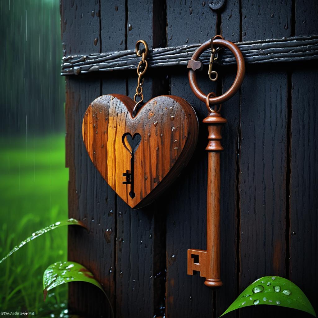 Wooden Heart and Rusty Key in Rain