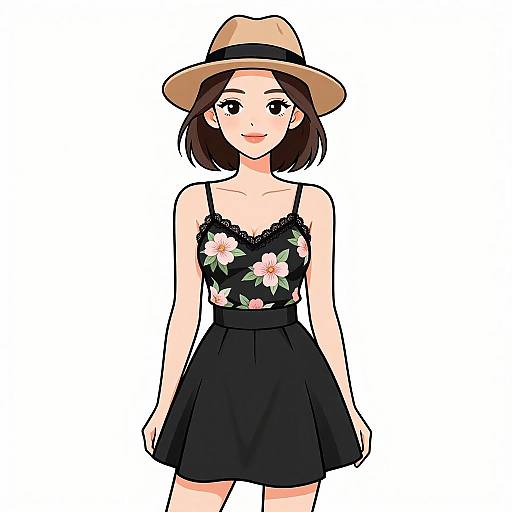 Digital anime-style drawing of a cute young woman with fair skin, short brown hair, wearing a beige hat, black floral camisole, and black