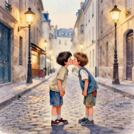 French Boys' Tender Kiss at Dusk
