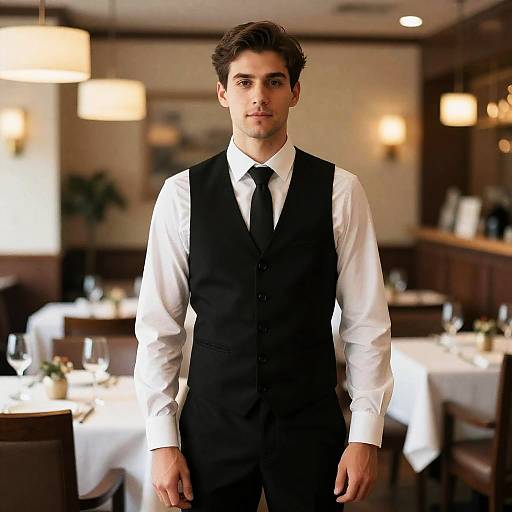 Photograph of a handsome, young male waiter with short, dark brown hair, wearing a black vest, white shirt, and black tie, standing in