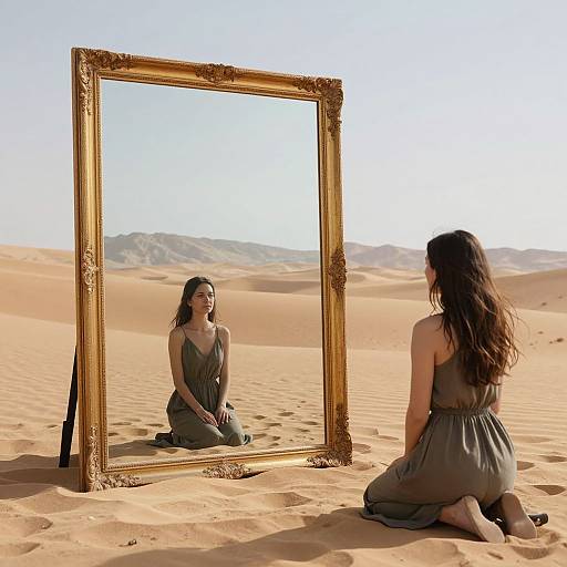 Photograph of a woman with long brown hair, kneeling in a desert, wearing a gray dress, gazing at an ornate gold-framed mirror
