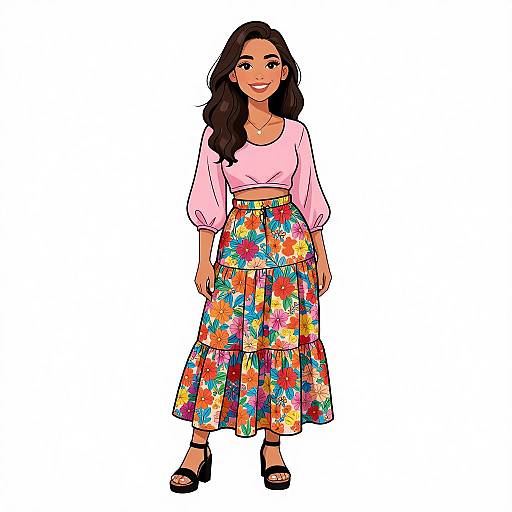 Colorful illustration of a smiling woman with long dark hair, wearing a pink top and a multi-layered, floral skirt with black sandals.