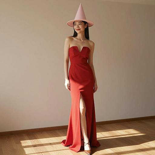 Asian Woman in Red Evening Gown with Pink Hat
